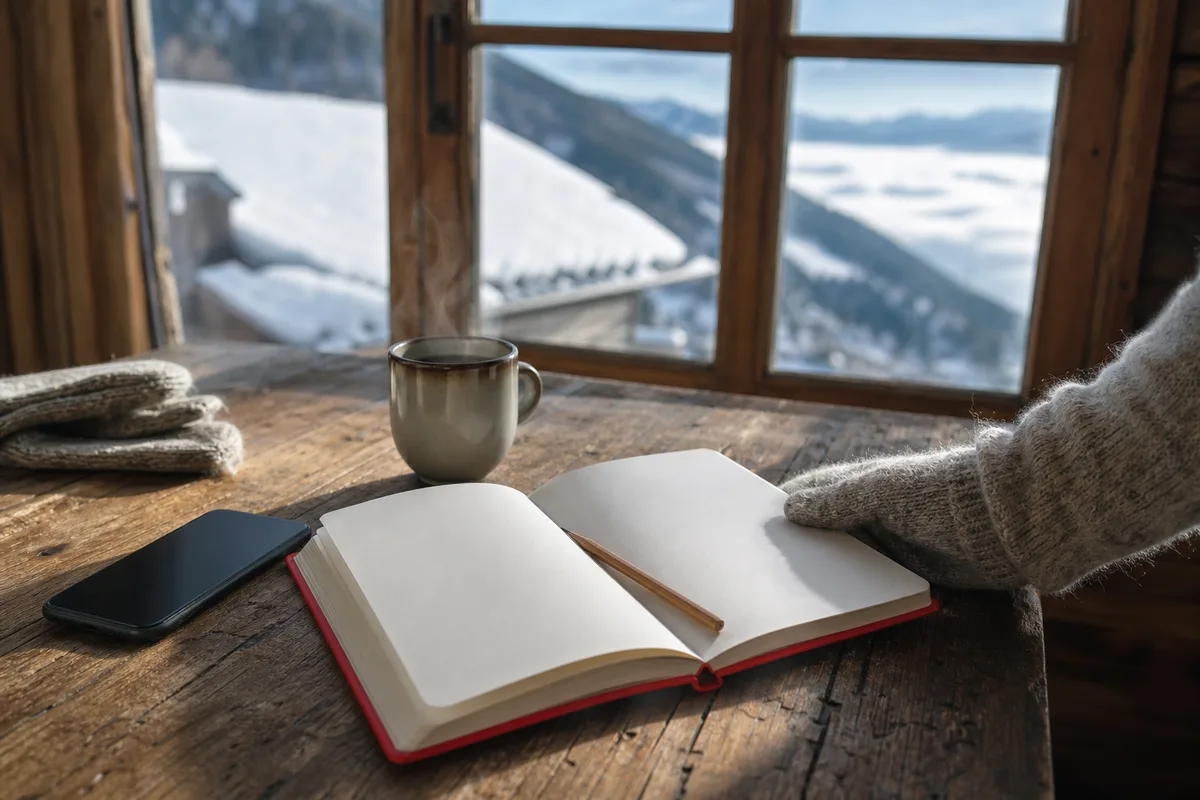Table en bois d’un chalet avec carnet, crayon et téléphone posés devant une fenêtre ouverte sur la vallée enneigée