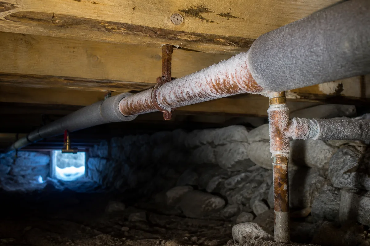 Canalisation en cuivre givrée courant sous les solives d’un vide sanitaire de chalet savoyard