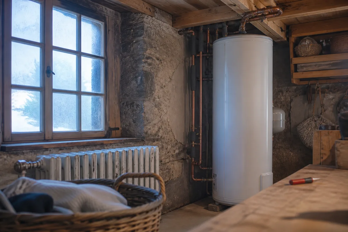 Ballon d’eau chaude et tuyaux de cuivre dans une buanderie de chalet savoyard en hiver