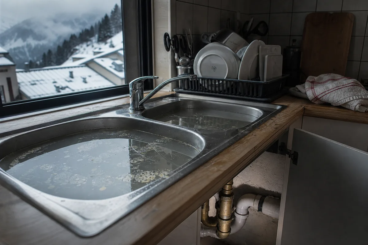 Évier de cuisine de location rempli d’eau grise stagnante dans un appartement de montagne