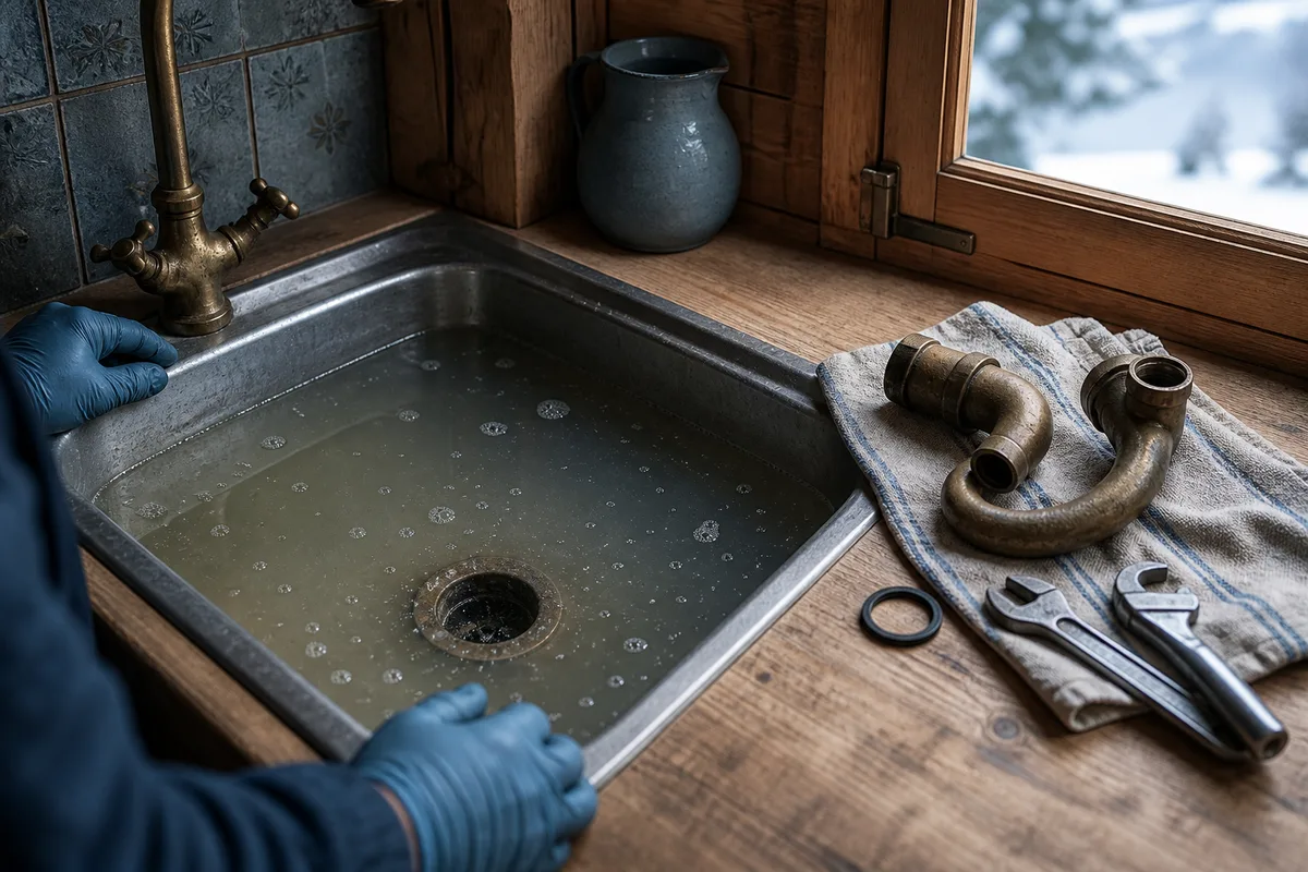 Évier de chalet rempli d’eau trouble, siphon en laiton démonté posé sur un plan de travail en bois