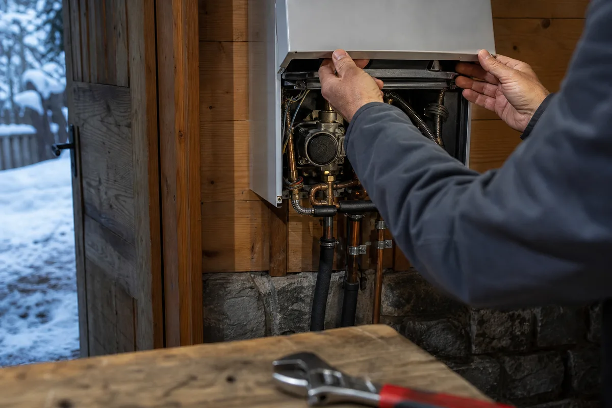 Mains d’un artisan ouvrant le capot d’une chaudière dans le local technique d’un chalet