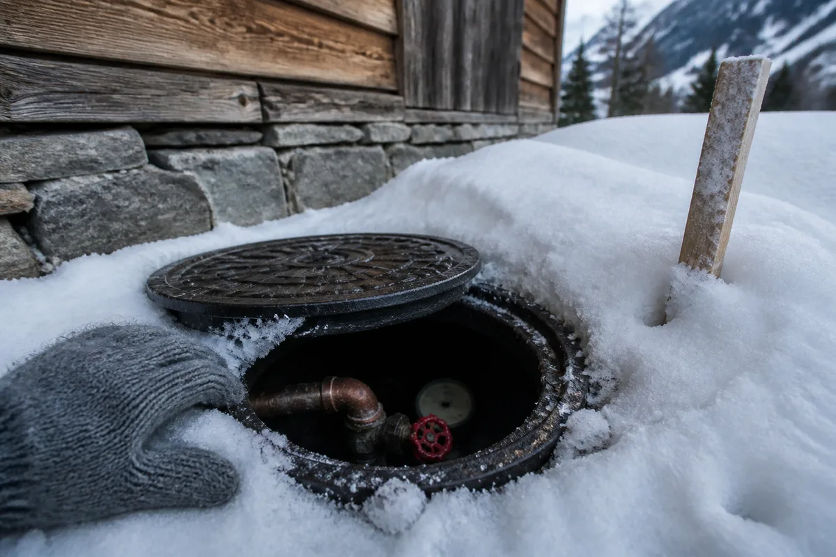 Compteur d’eau dans un regard extérieur ouvert au ras de la neige tassée devant une maison de la vallée de l’Arve