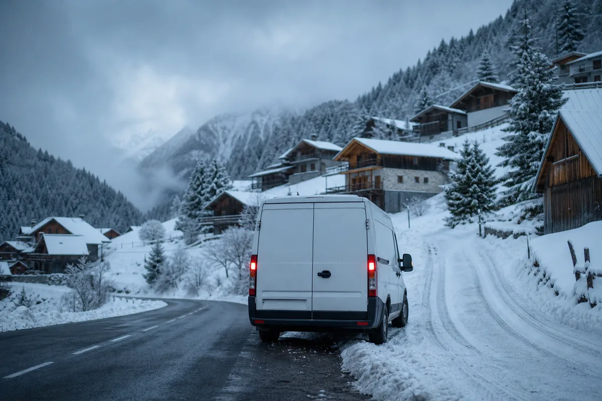 Route de fond de vallée enneigée au petit matin, fourgon d’artisan à l’arrêt devant un accès de hameau non déneigé