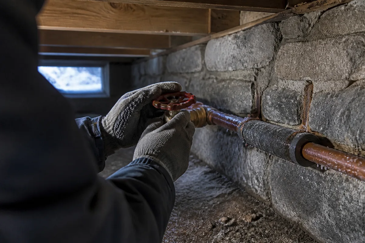 Canalisation en cuivre givrée traversant le vide sanitaire non chauffé d’un chalet savoyard
