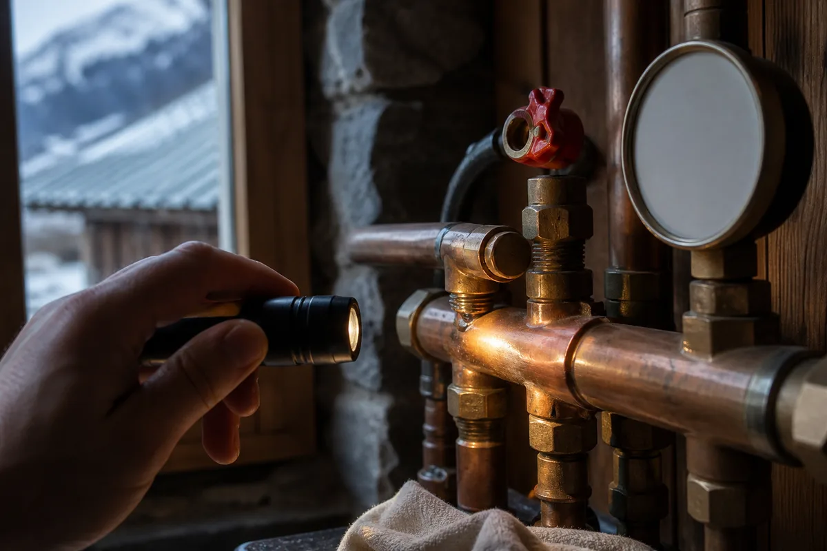 Raccords de cuivre et manomètre contrôlés à la lampe lors de la remise en eau d’un chalet au printemps