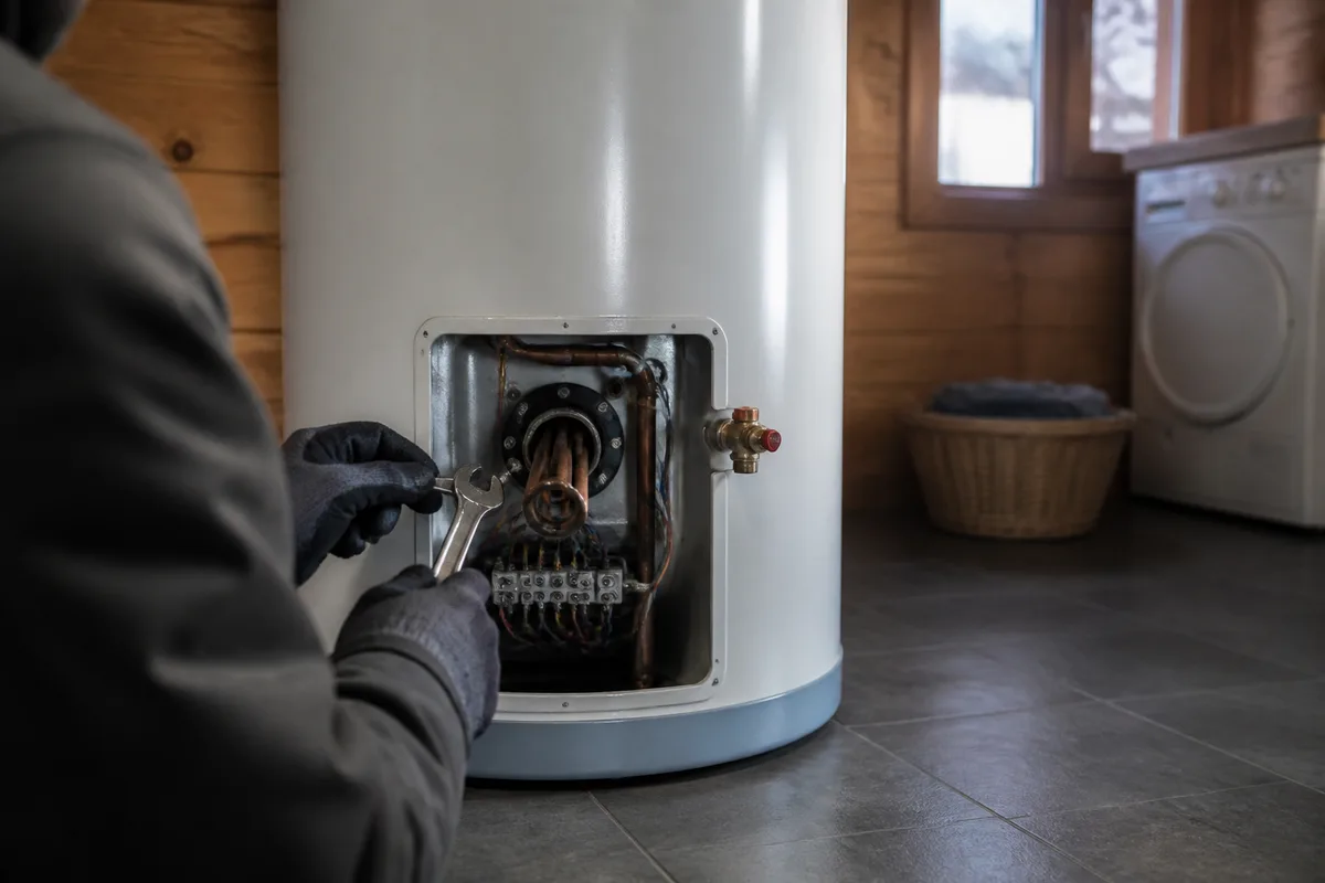 Ballon d’eau chaude vertical installé dans une buanderie de chalet, tuyauterie cuivre apparente