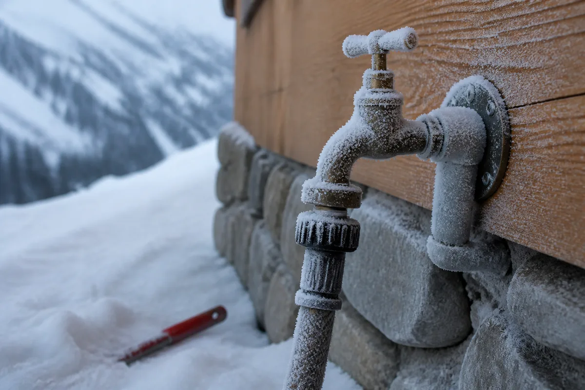 Robinet de puisage extérieur givré sur la façade nord d’un chalet des Houches sous la neige