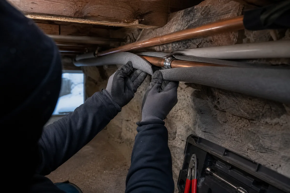 Mains gantées vérifiant le calorifuge d’une canalisation dans un local technique de chalet non chauffé