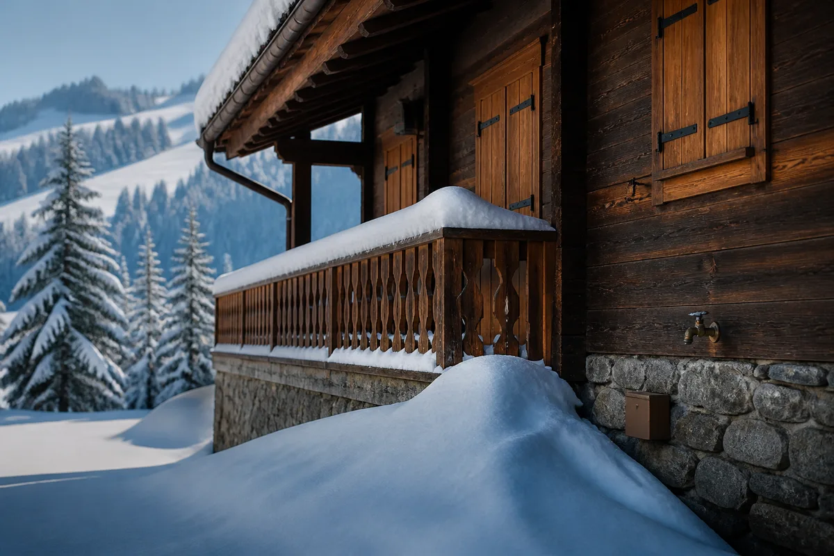 Chalet de Megève fermé pour l’hiver, volets clos et congère au pied du soubassement en pierre