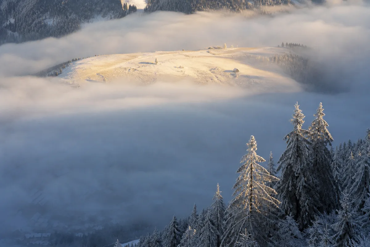Vue hivernale de la plaine de Passy sous le brouillard givrant avec le plateau d’Assy ensoleillé au-dessus