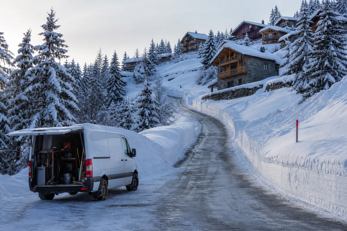 Route de montagne déneigée en lacets vers un hameau enneigé au-dessus de la vallée