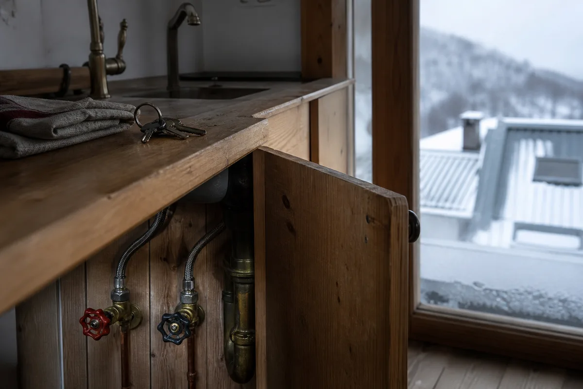 Robinet d&rsquo;arrêt sous l&rsquo;évier d&rsquo;un appartement de montagne fermé pour l&rsquo;hiver, trousseau de clés posé sur le plan de travail