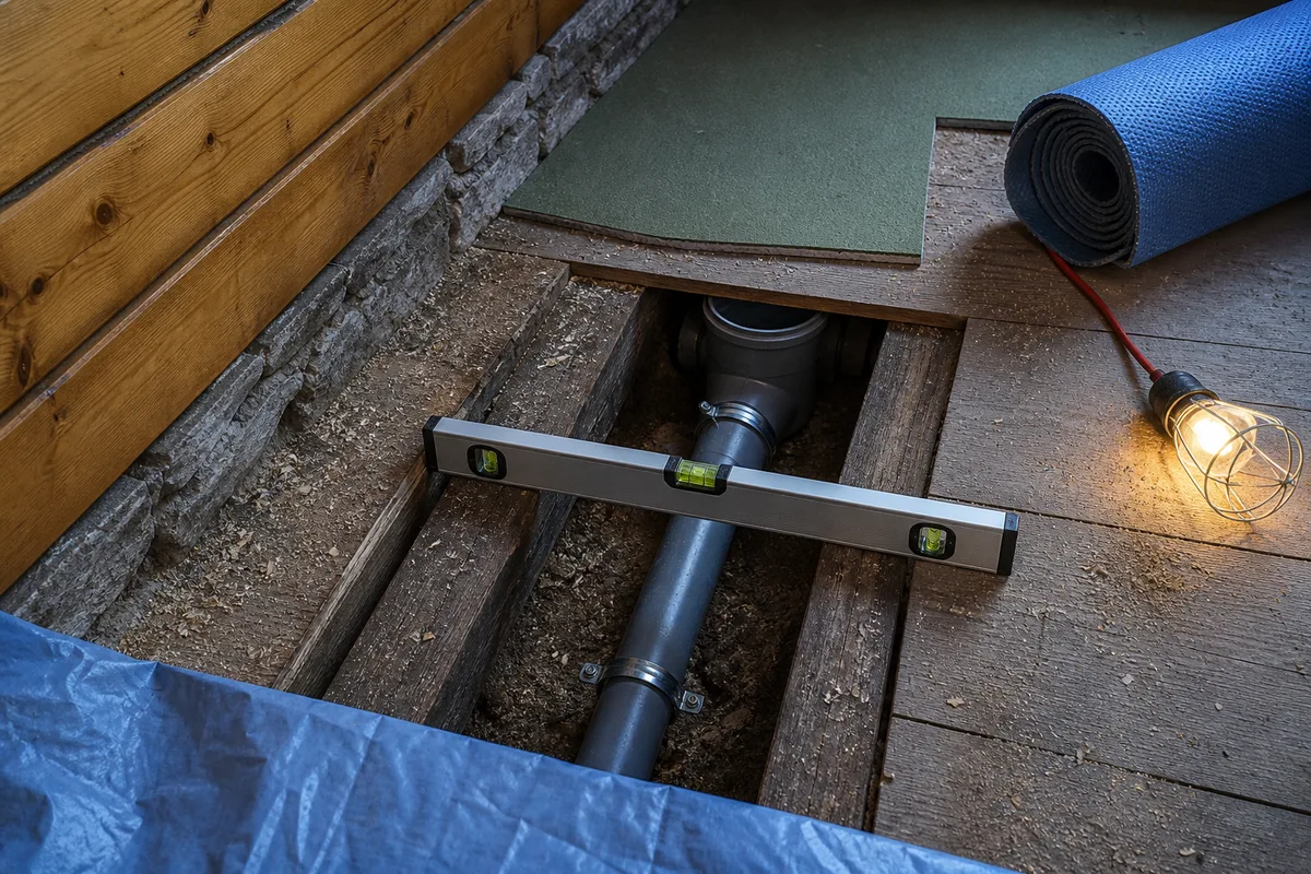 Plancher bois ouvert entre deux solives dans un chalet, tuyau d’évacuation de douche posé en pente vers la chute