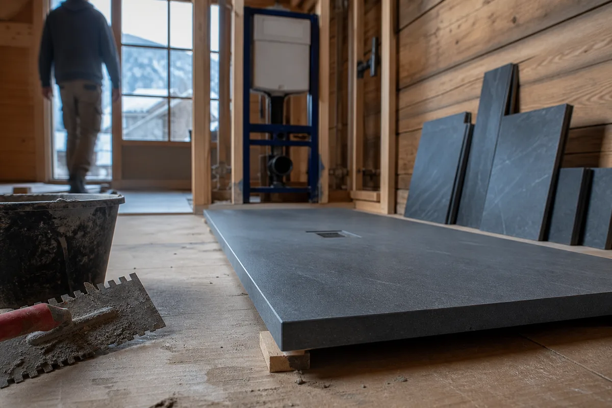 Salle d’eau de chalet en chantier au printemps, receveur extra-plat calé sur un plancher protégé et outils posés au sol
