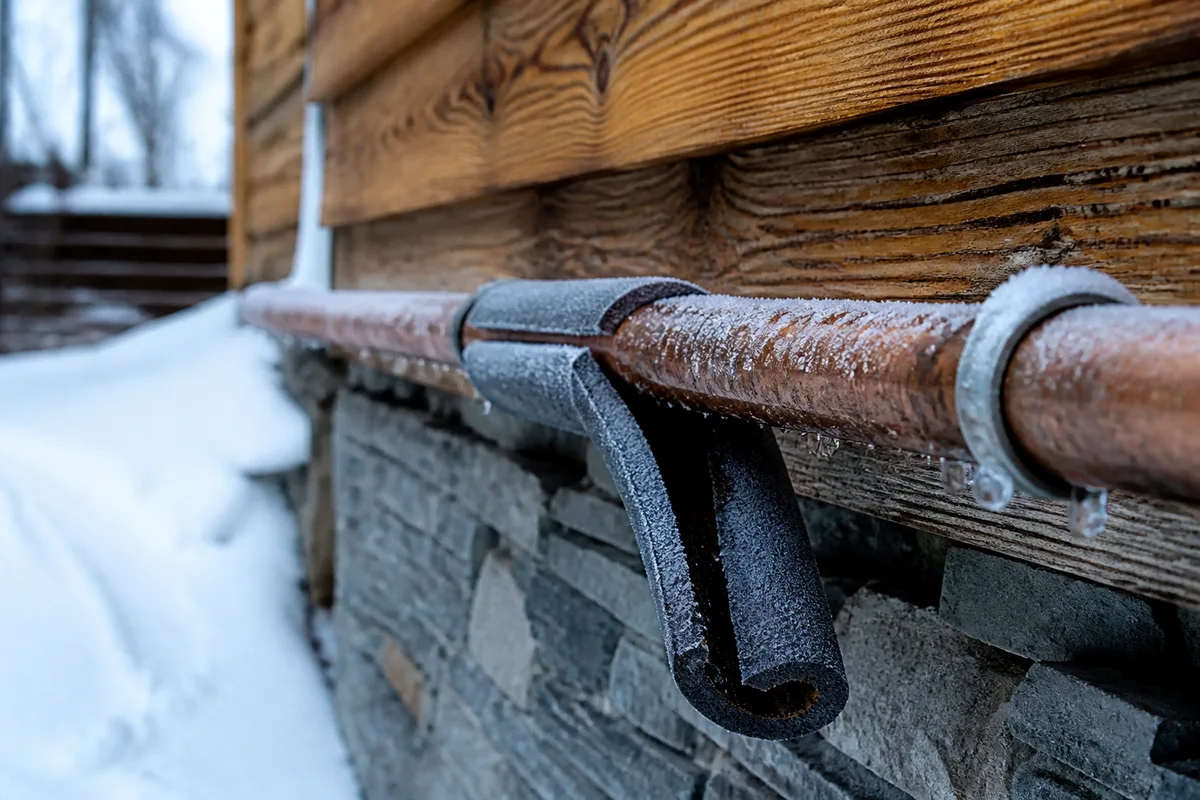 Chalet savoyard fermé sous la neige, volets clos et conduite givrée le long du soubassement en pierre