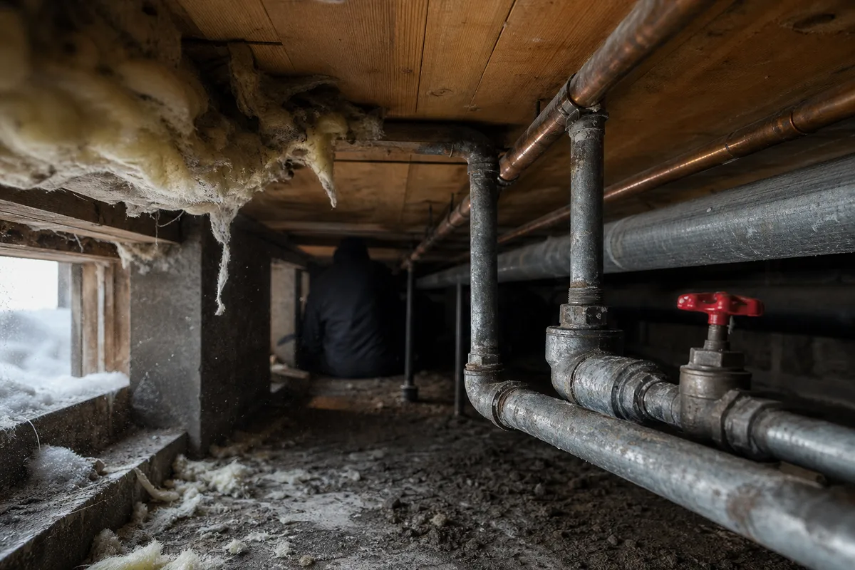 Vide sanitaire de chalet, canalisations en cuivre et acier galvanisé sous un plancher bois, isolant décollé et vanne rouge